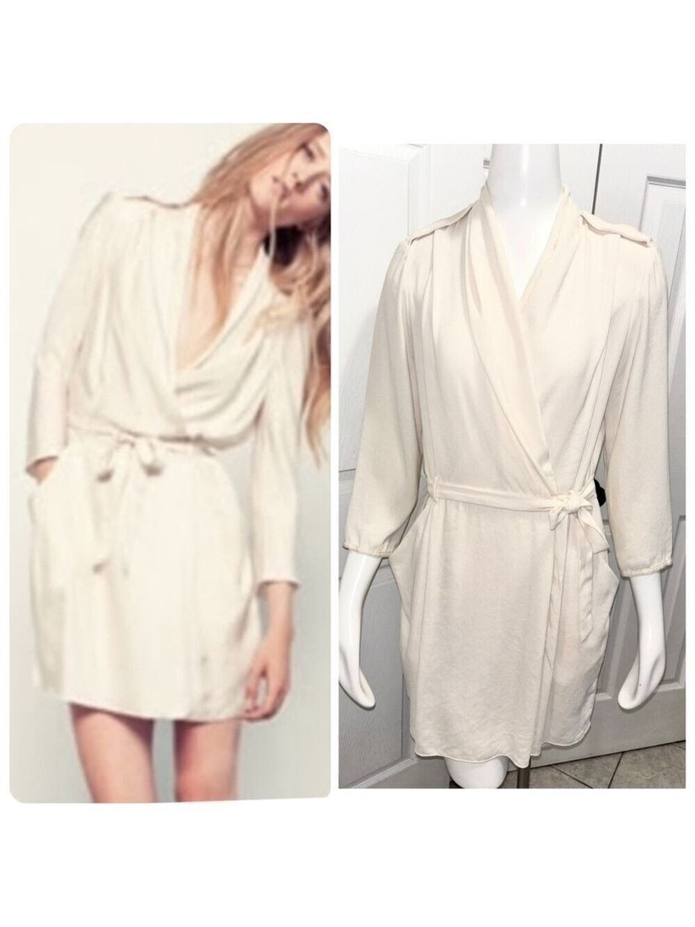 Aritzia Wilfred Franca Wrap Tie Front Dress Creamy Ivory Drapey Size 6